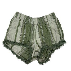 Vanilla Star Striped Linen Blend Fringe Trim Shorts Size S Green & White